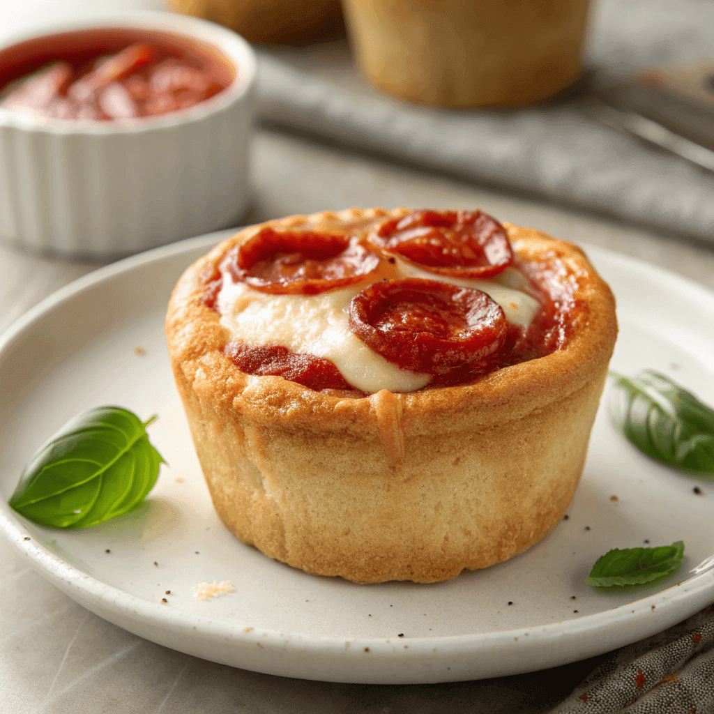 Mini deep dish crescent roll pizza with melted mozzarella, tomato sauce, pepperoni, and basil on a white plate with stretchy cheese