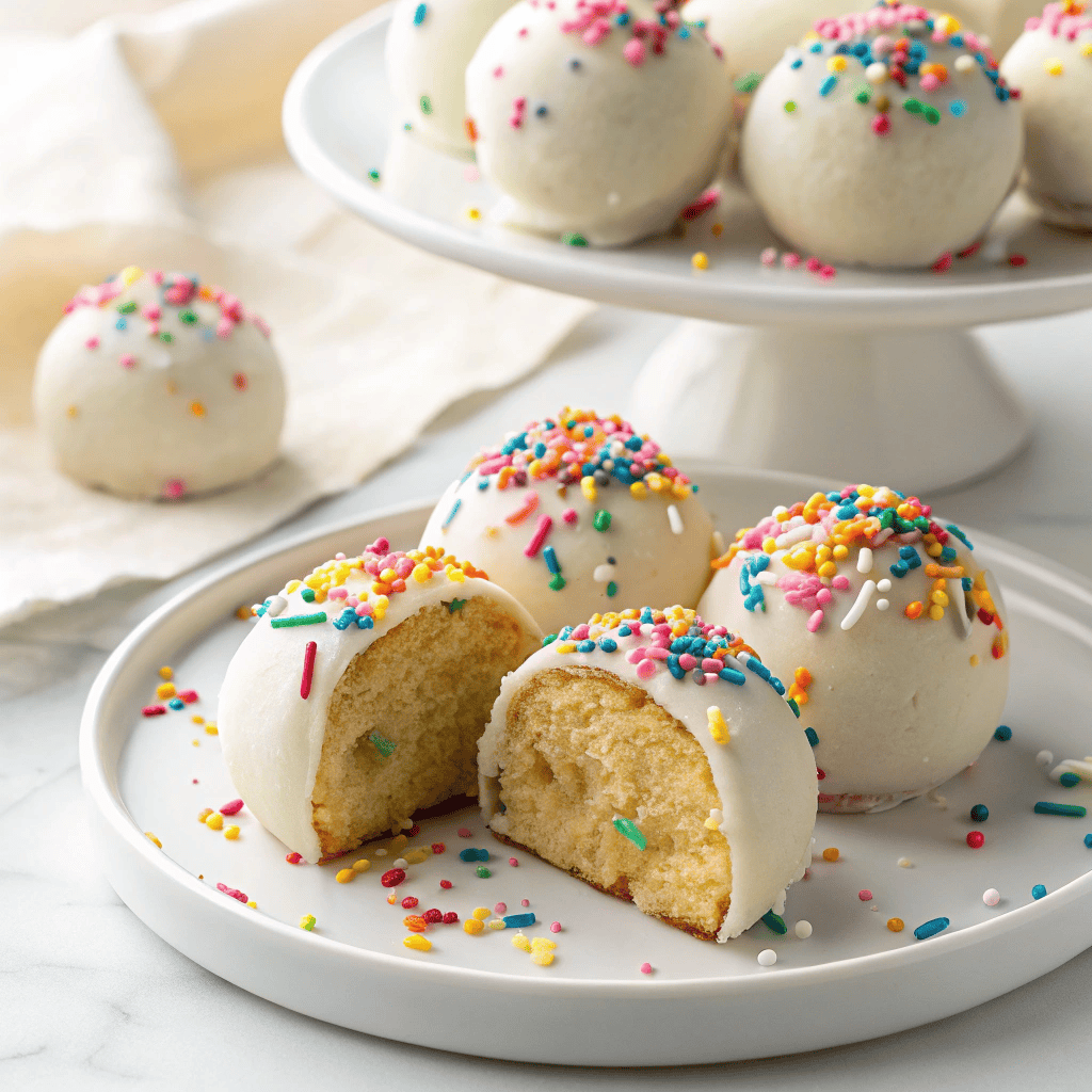 Birthday cake protein balls with white glaze and rainbow sprinkles on a white plate