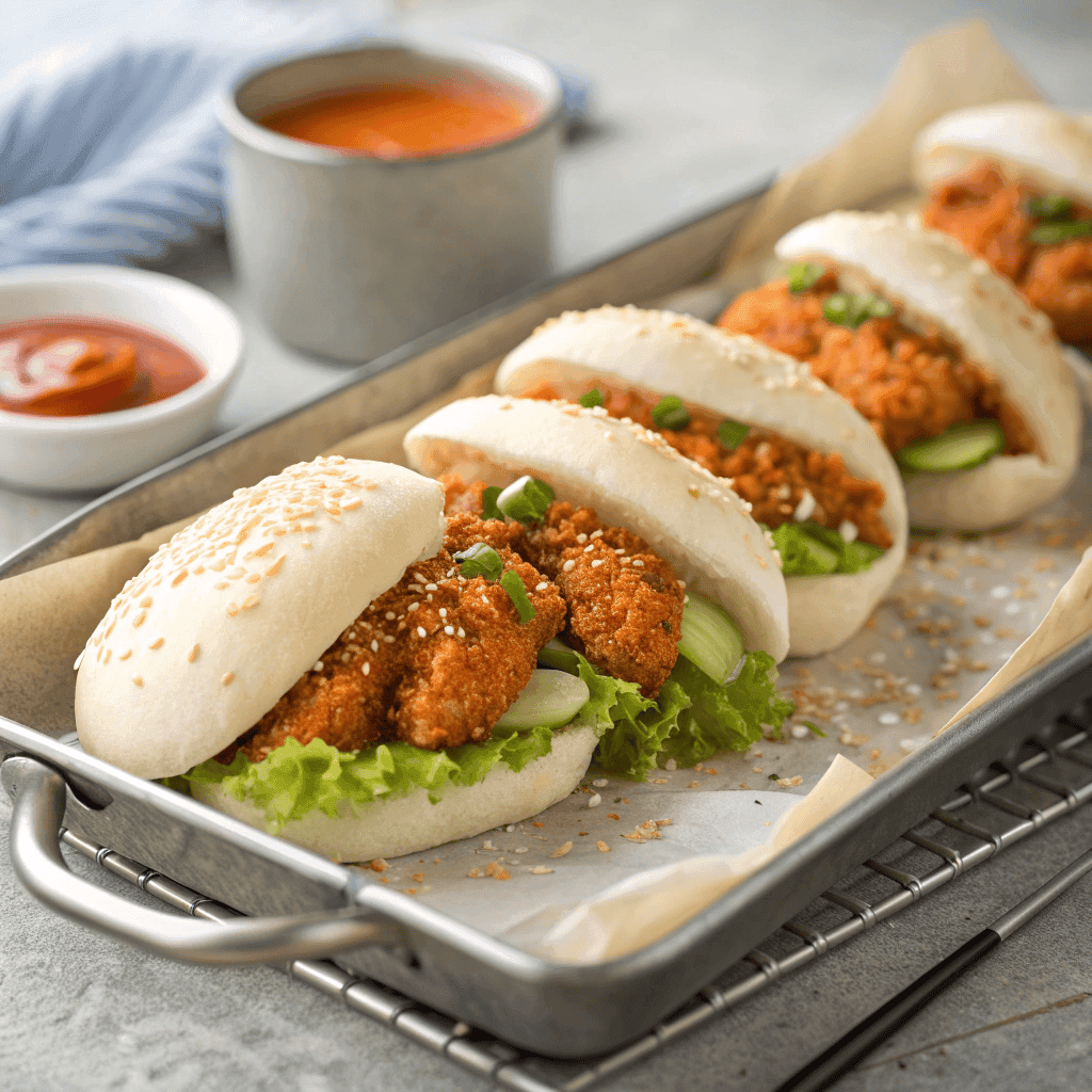 Crispy chicken buns with lettuce, pickles, creamy sauce, and fries on a serving tray