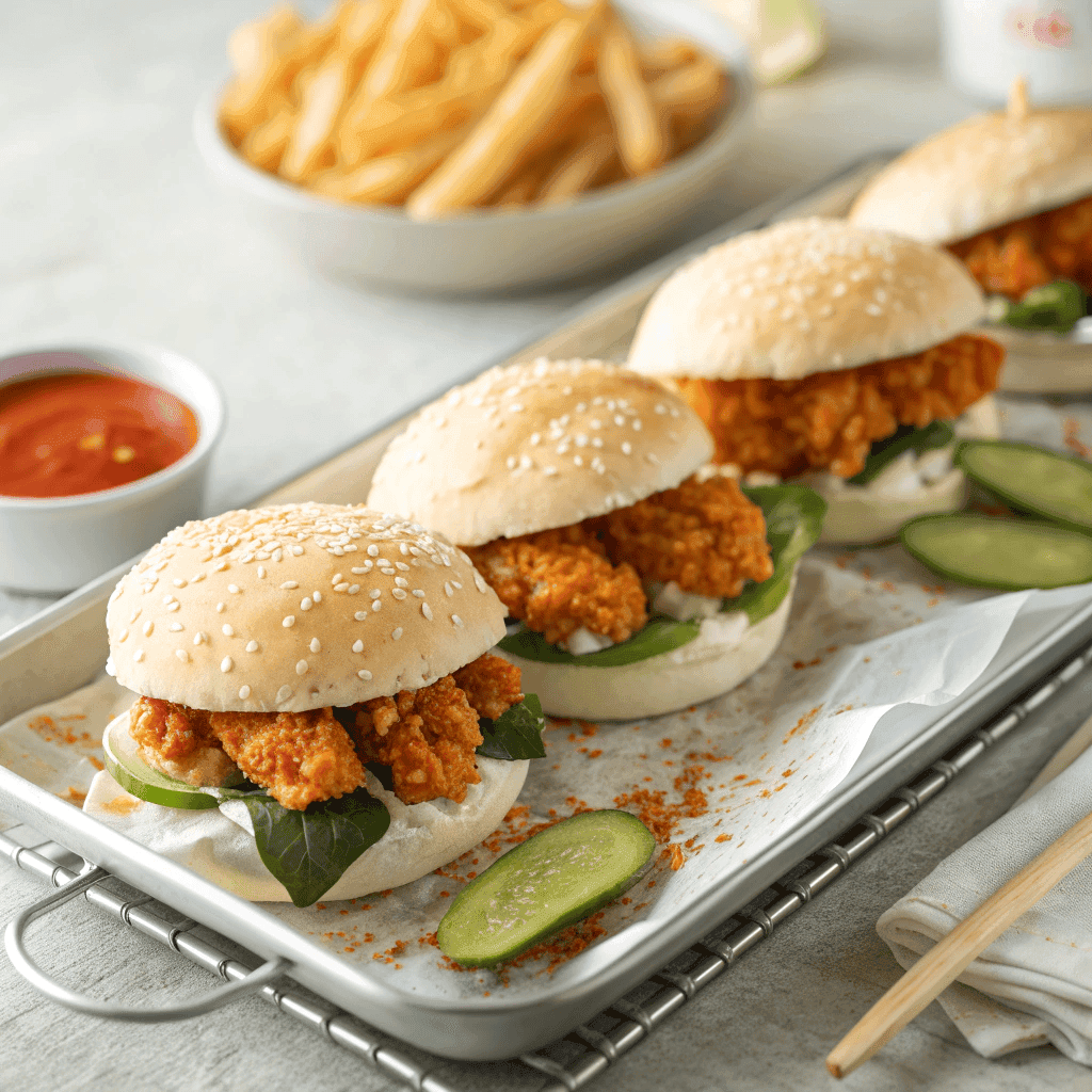 Whole tray of chicken buns with fries and dipping sauce