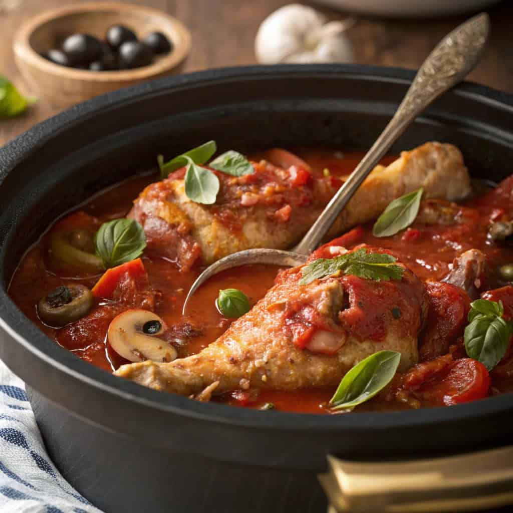 Crockpot chicken cacciatore with tender chicken in rich tomato sauce garnished with basil