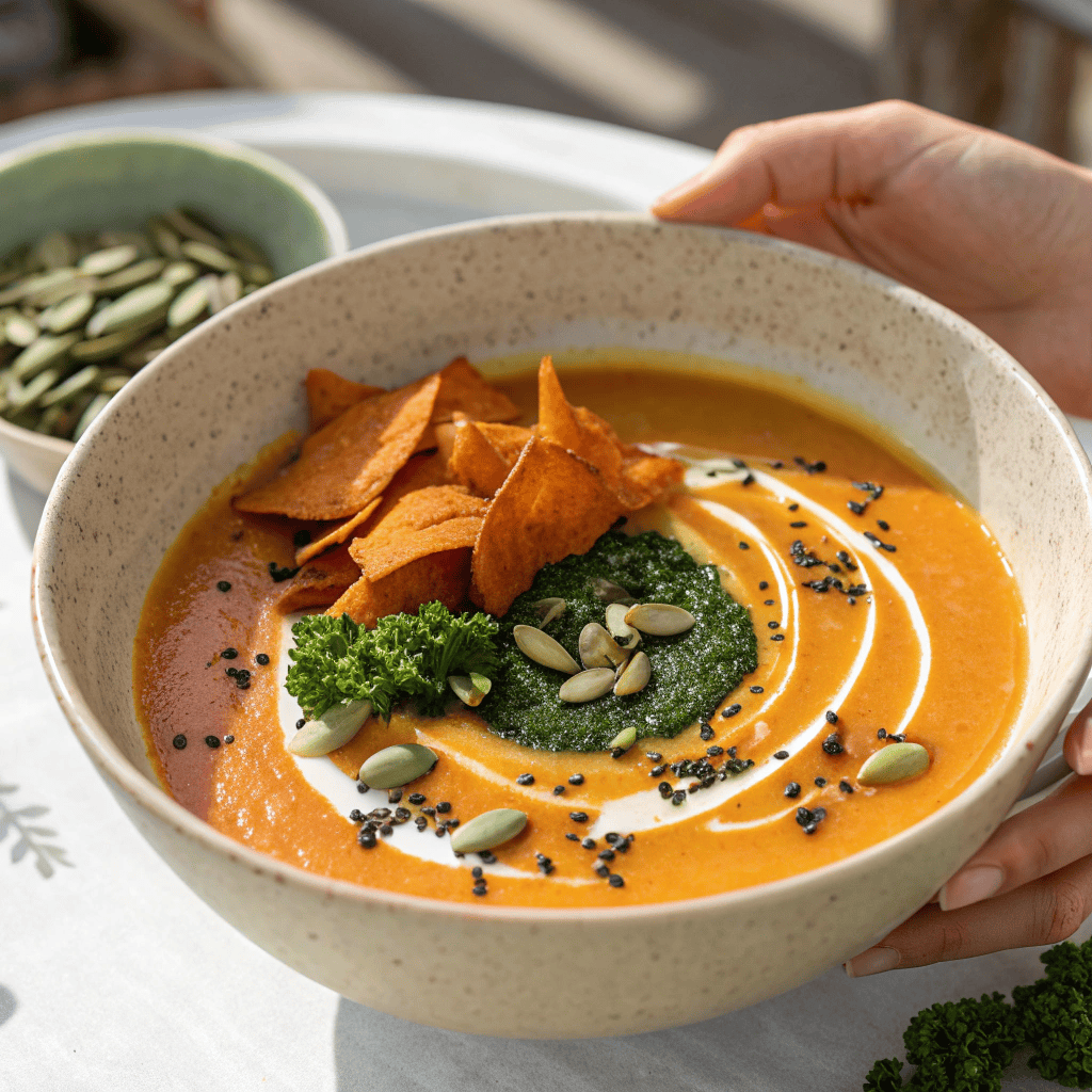 Creamy glowing skin soup topped with kale chips, seeds, and cream swirl in a ceramic bowl