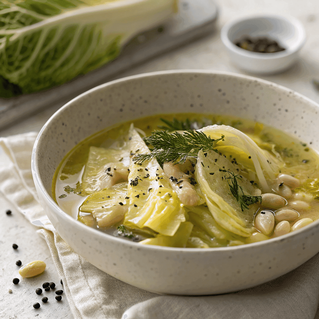 Lemon dill cabbage soup with tender cabbage leaves, white beans, and fresh dill in a ceramic bowl