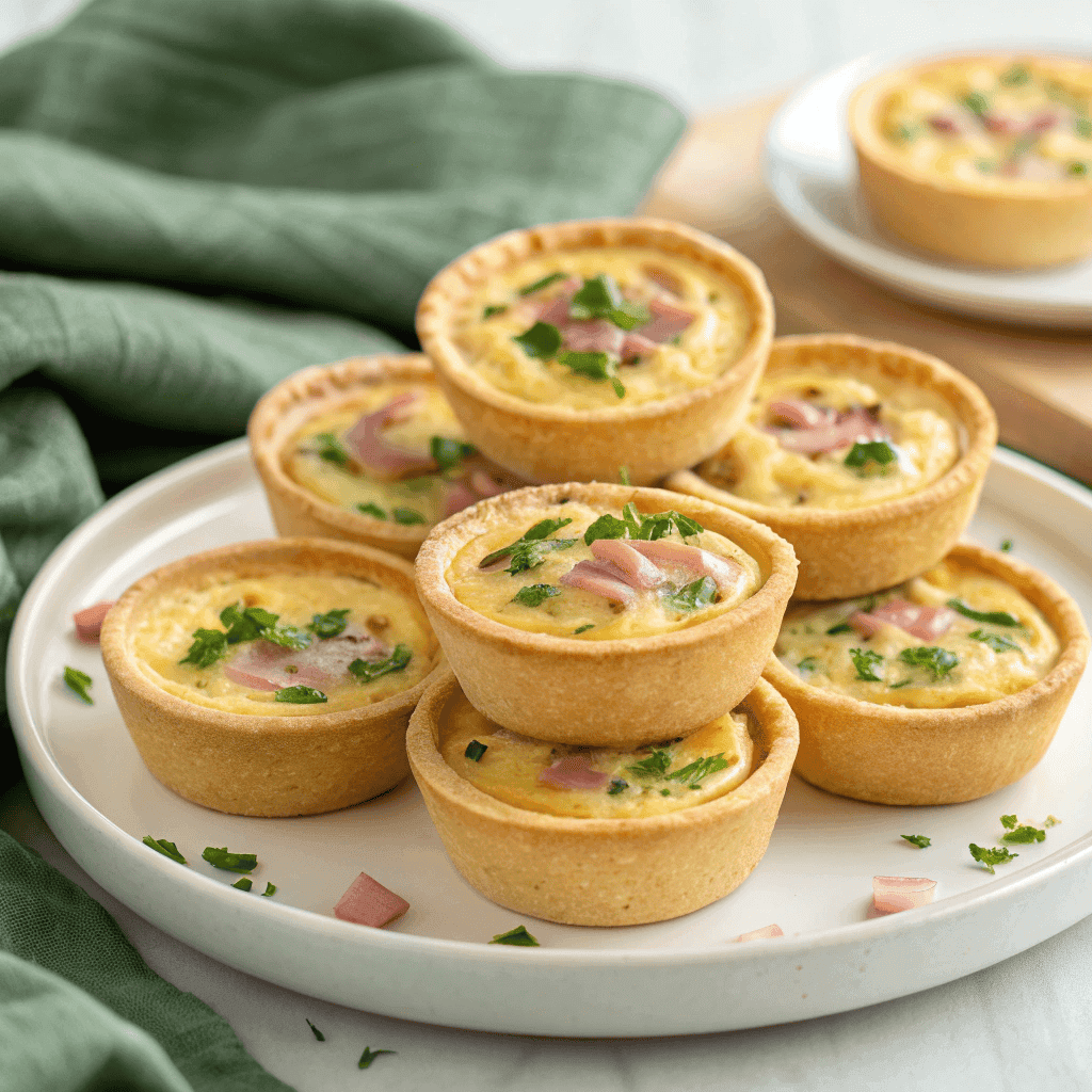 Mini quiches with golden crust and herb-filled egg custard stacked on a white plate