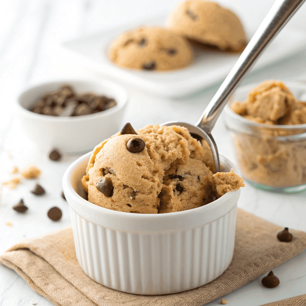 Protein cookie dough with chocolate chips scooped into a white cup with a spoon