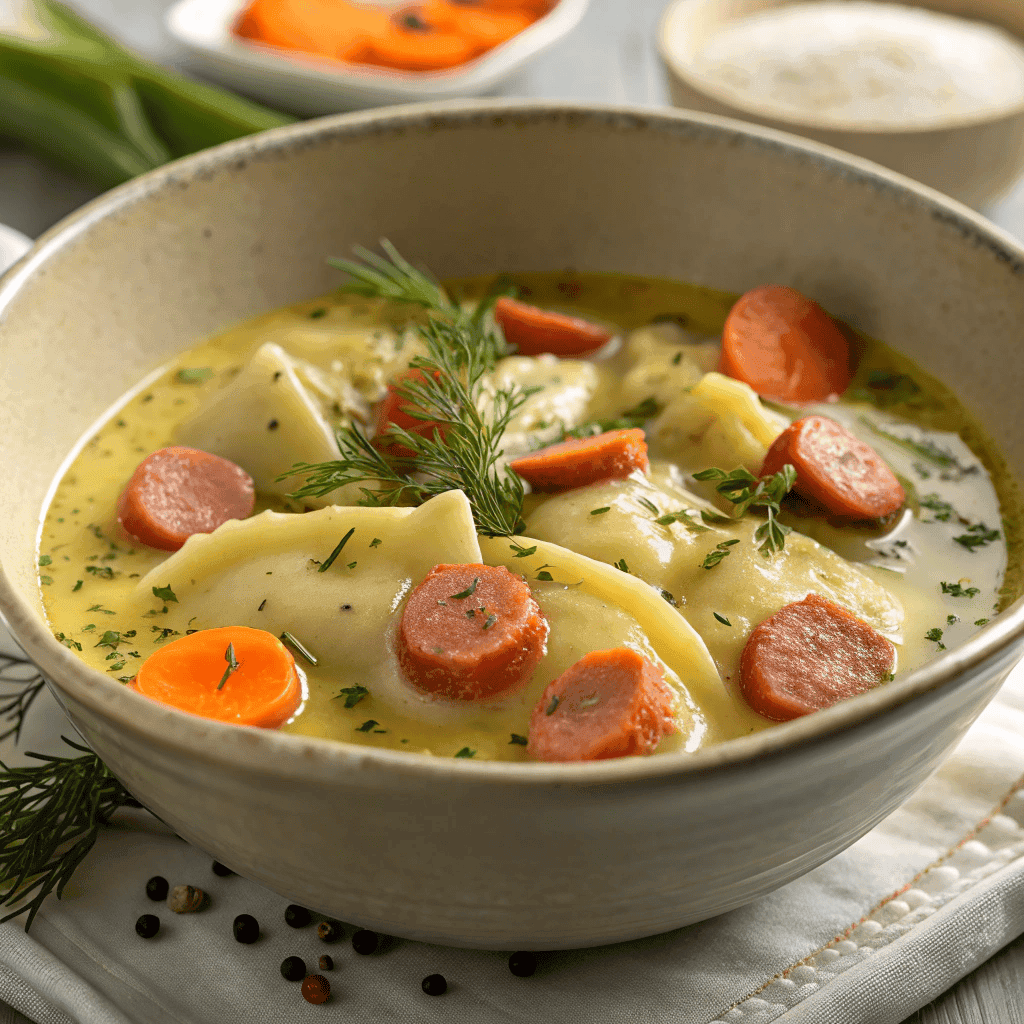 Creamy pierogi dill soup with sausage slices, carrots, and fresh dill in a ceramic bowl