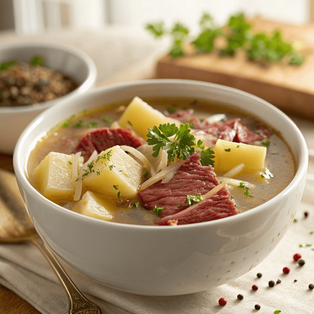 Reuben soup with corned beef, potatoes, onions, and parsley in a white bowl
