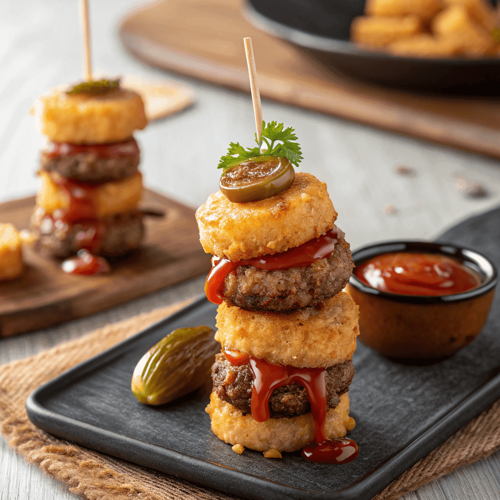 Tater tot mini cheeseburger bites stacked with beef, melted cheese, pickles, and ketchup