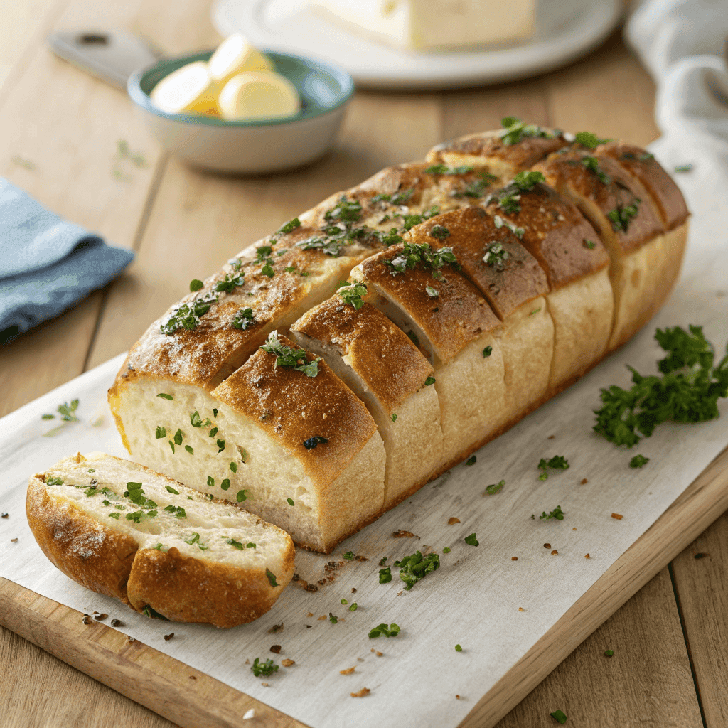 Hero shot of sourdough discard pull-apart garlic bread with golden crust and soft cheesy interior.