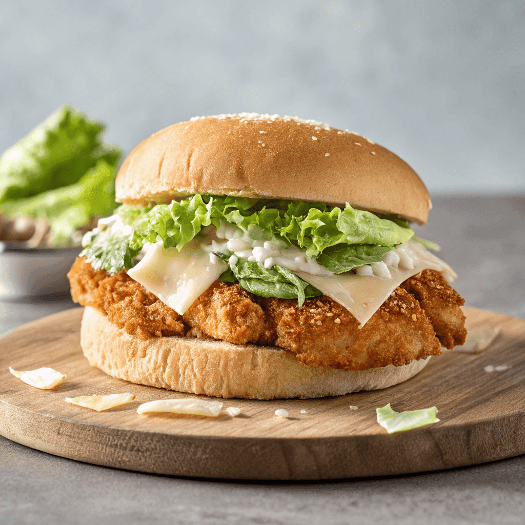 Hero shot of chicken caesar salad sandwich with crispy chicken, romaine lettuce, parmesan, and creamy dressing.