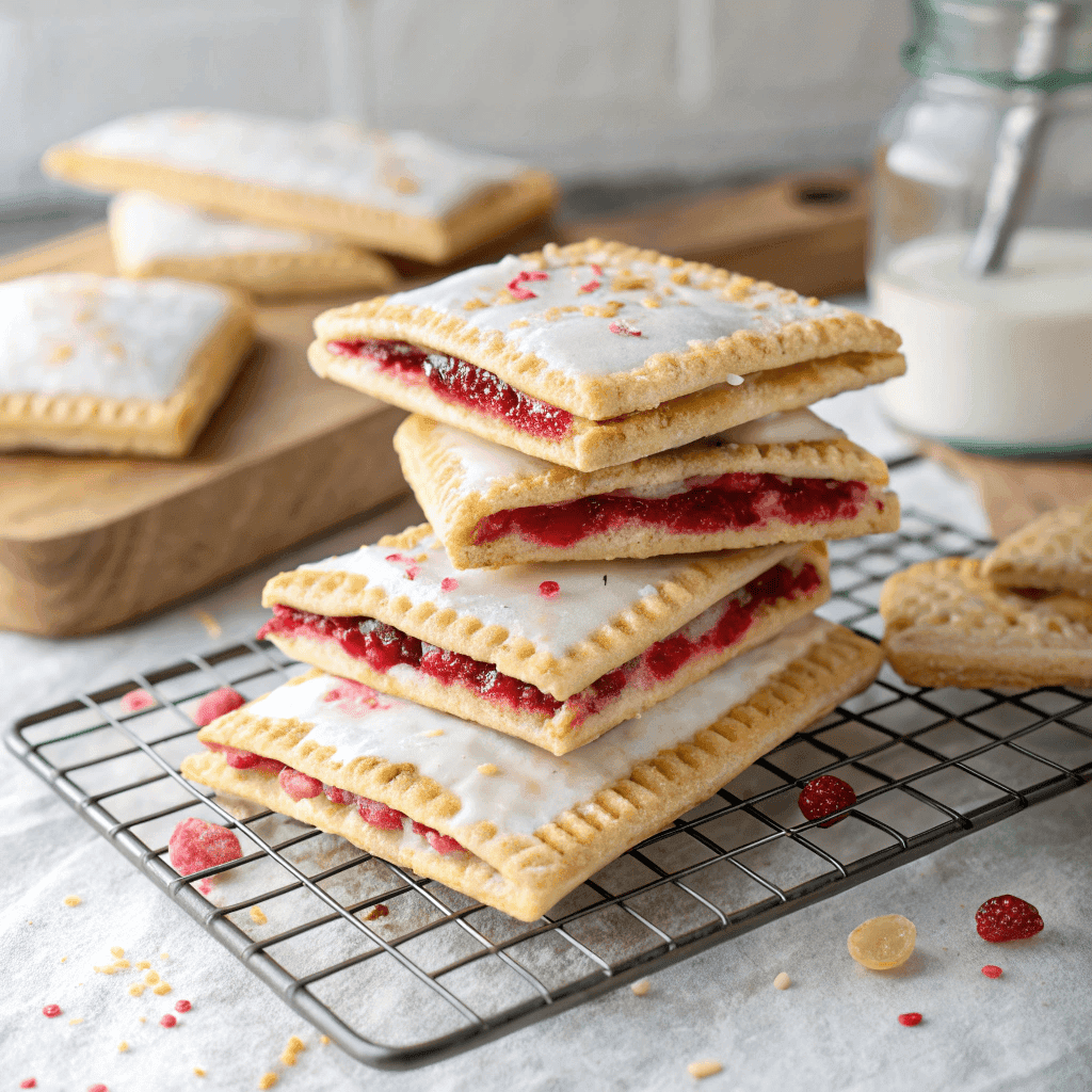 Stacked protein-packed homemade pop tarts with flaky pastry, berry filling, white icing, and sprinkles.