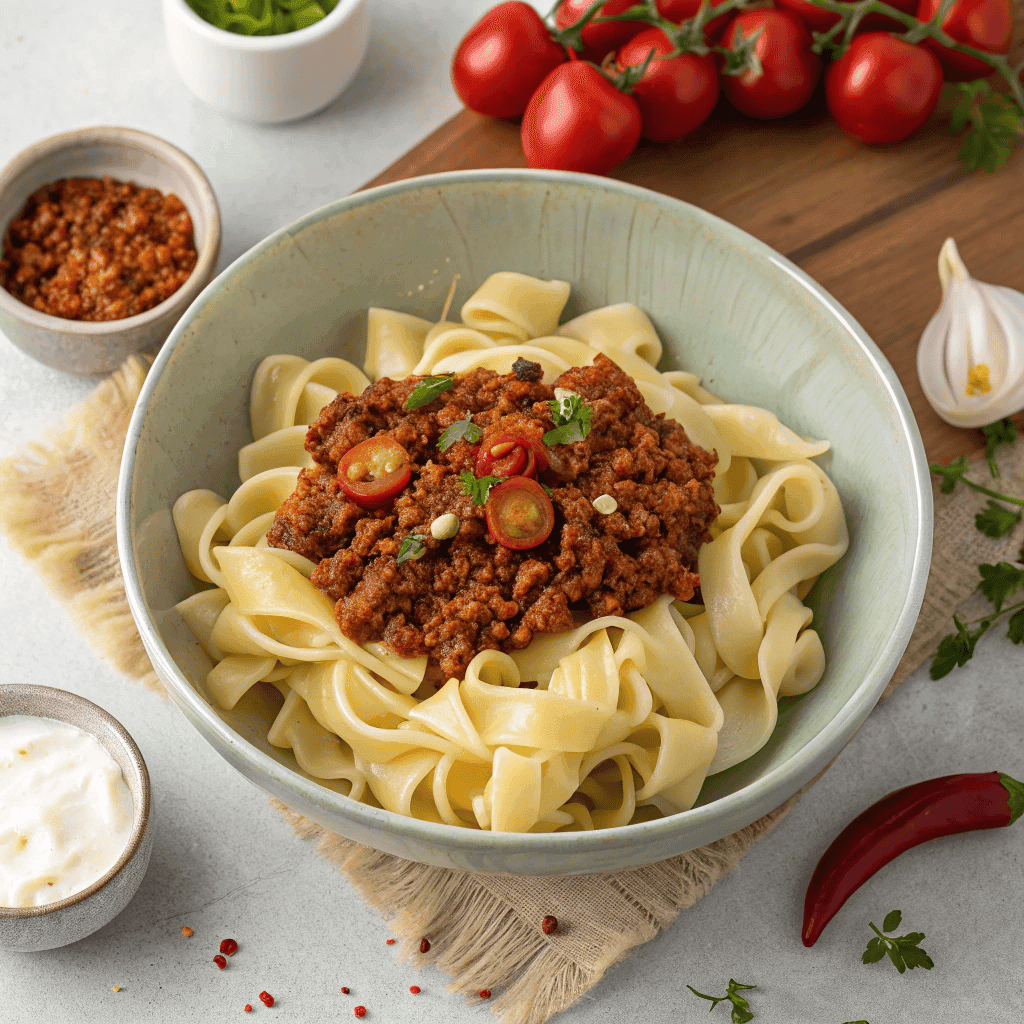 Hero shot of Turkish pasta with shell pasta, ground beef sauce, yogurt, tomatoes, and chili butter.