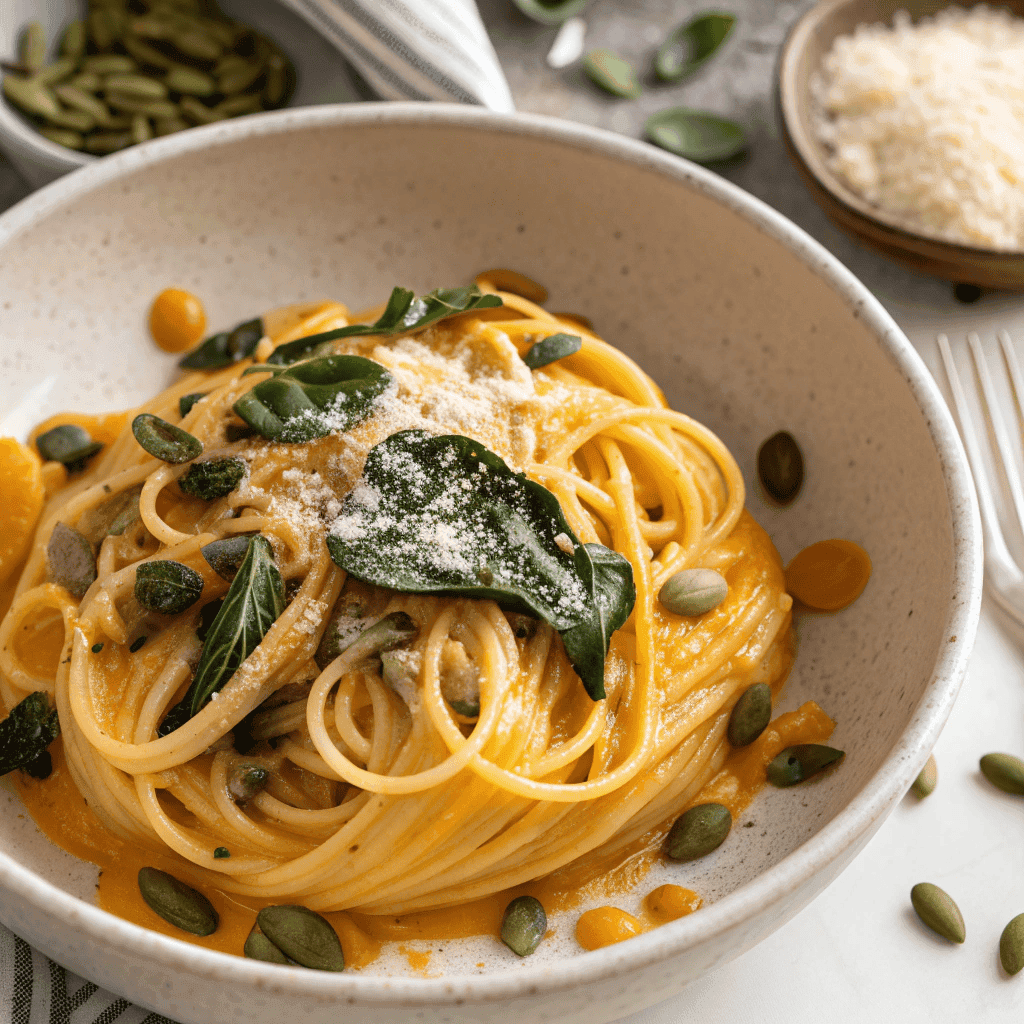 Hero shot of butternut squash pasta with creamy sauce, pumpkin seeds, parmesan, and greens.