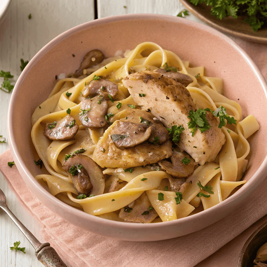 Hero shot of chicken marsala pasta with mushrooms, creamy sauce, and parmesan.