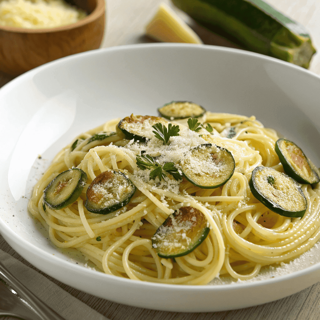 Hero shot of spaghetti alla Nerano with creamy cheese sauce, zucchini slices, and basil.