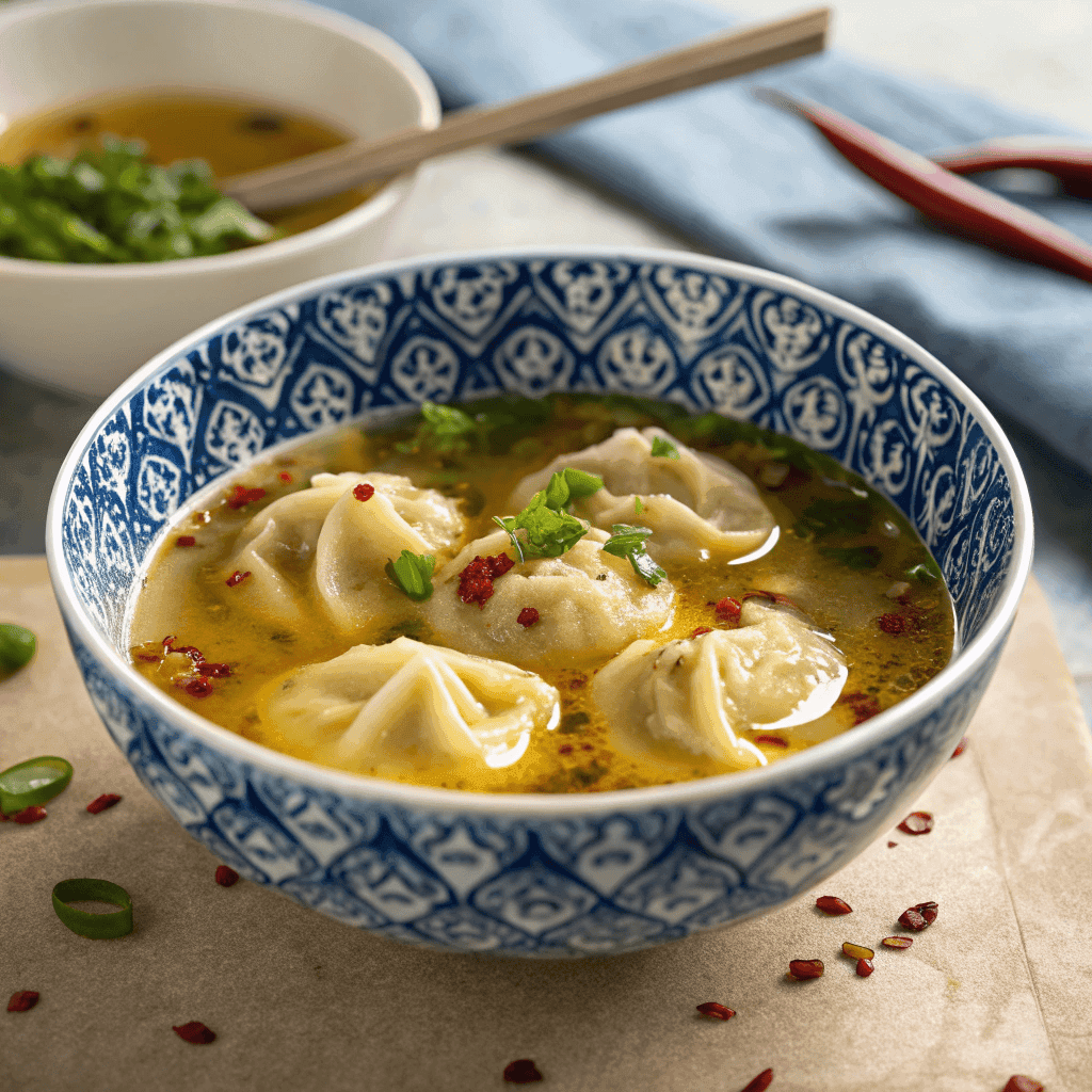 Hero shot of Sherpa soup with soft dumplings in clear golden broth and herbs.