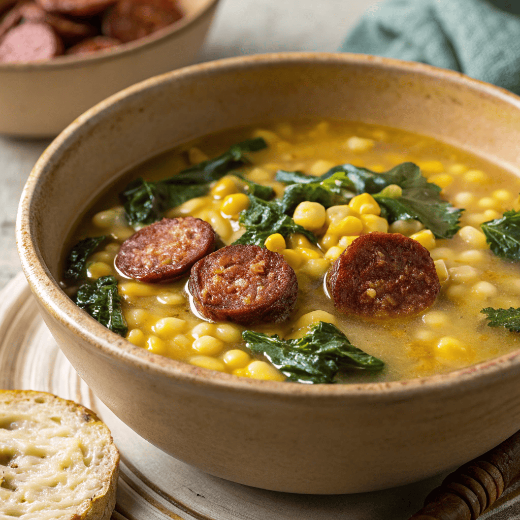 Get well soup in a white bowl with lentils, sausage, corn, greens, and cilantro.