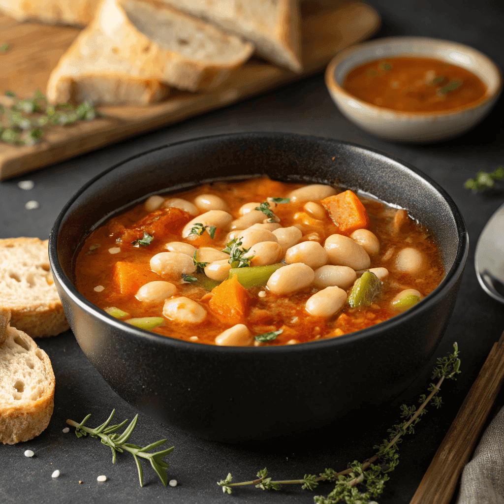 Hero shot of fasolada Greek white bean soup with tomato broth and toasted bread.
