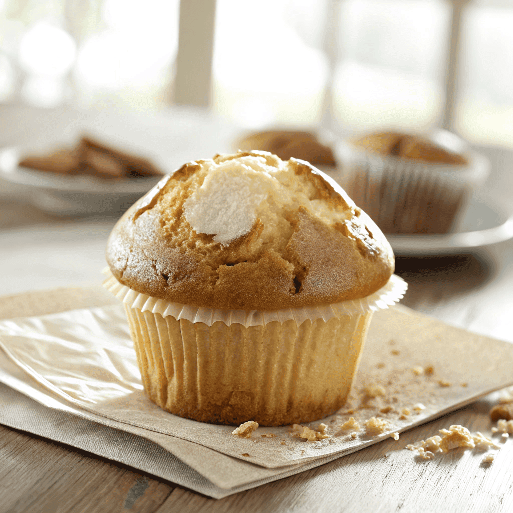 Several bakery-style vanilla muffins with cracked domed tops arranged on parchment paper.