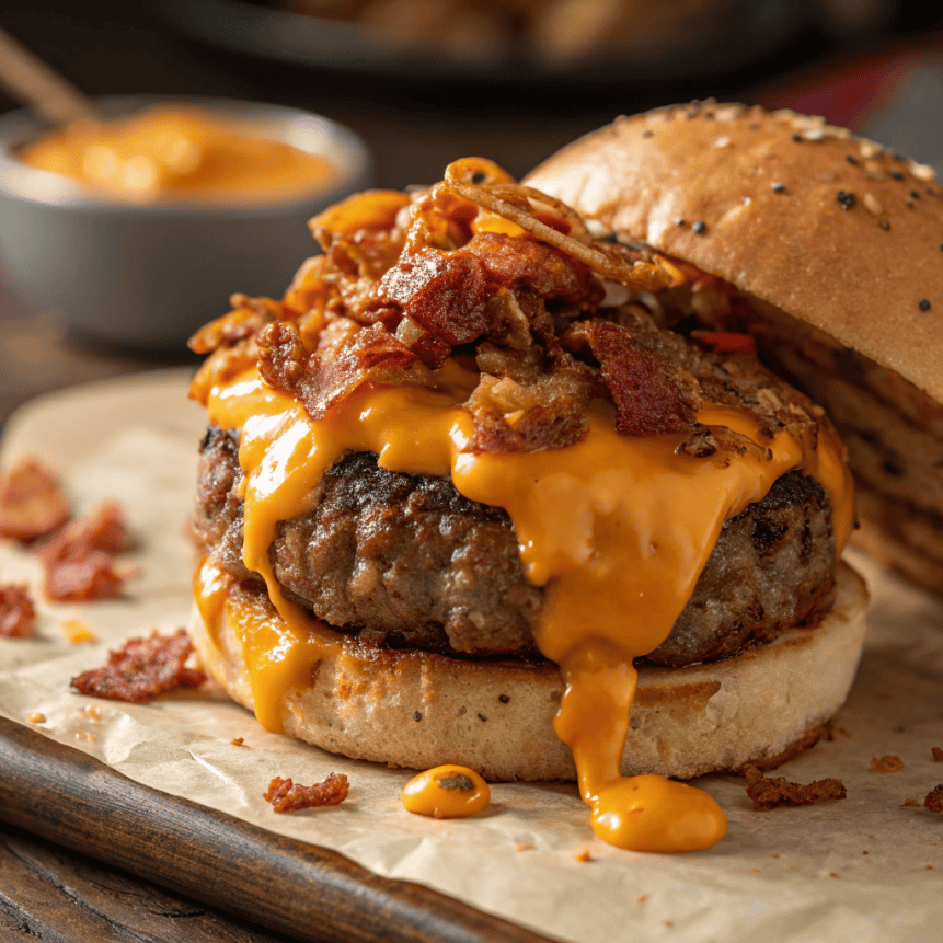 Close-up of a crack burger with melted cheese, bacon, and creamy sauce dripping over a beef patty.