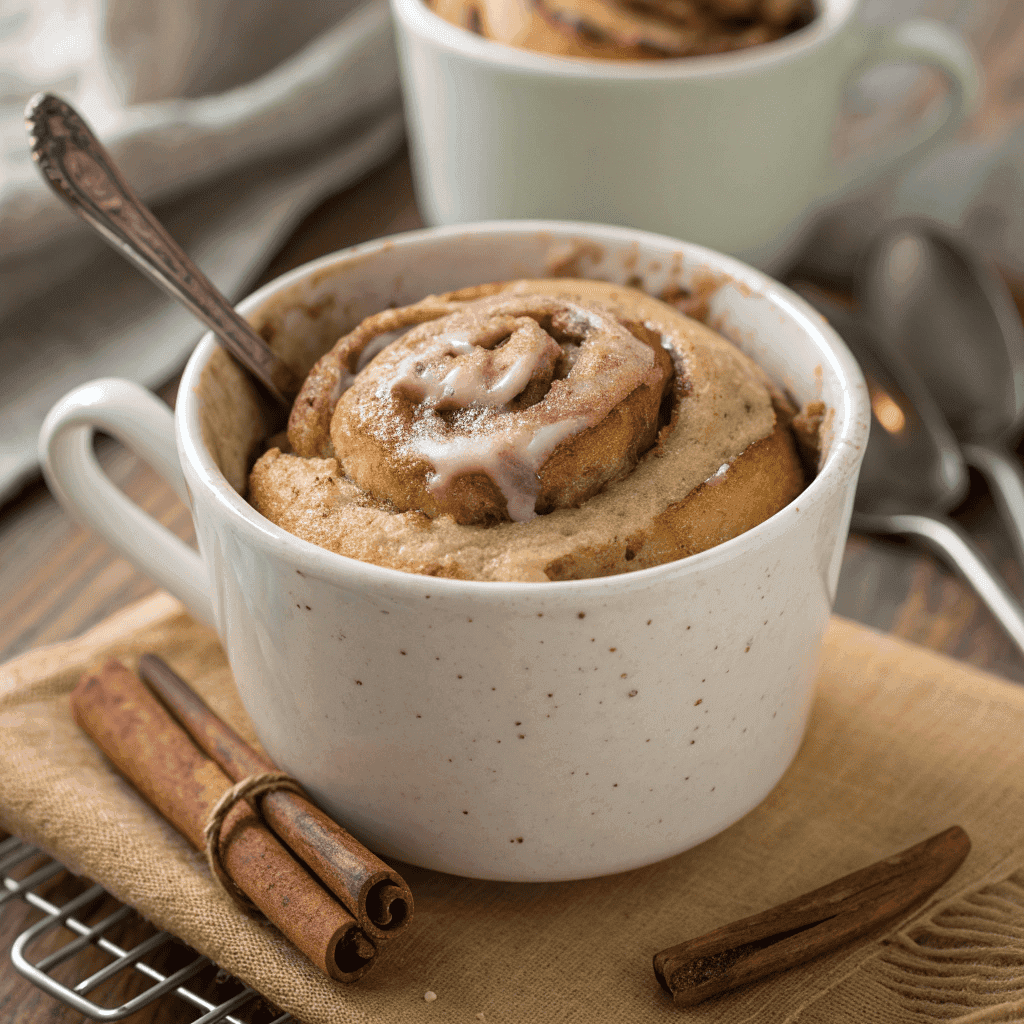 Full mug view of a gluten free cinnamon roll with cinnamon swirls and soft texture.