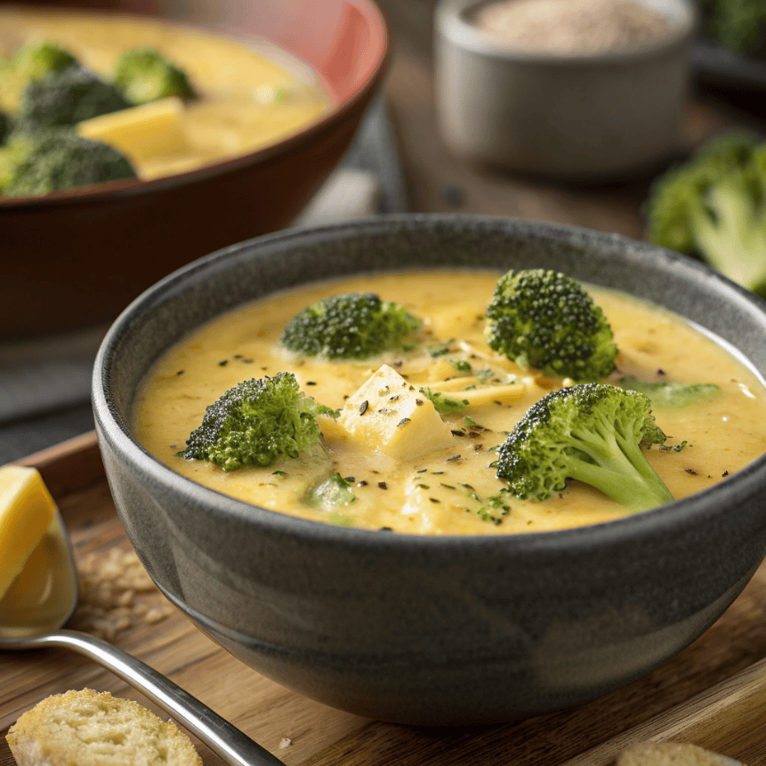 Creamy broccoli potato cheese soup with tender potatoes and broccoli in a gray bowl.
