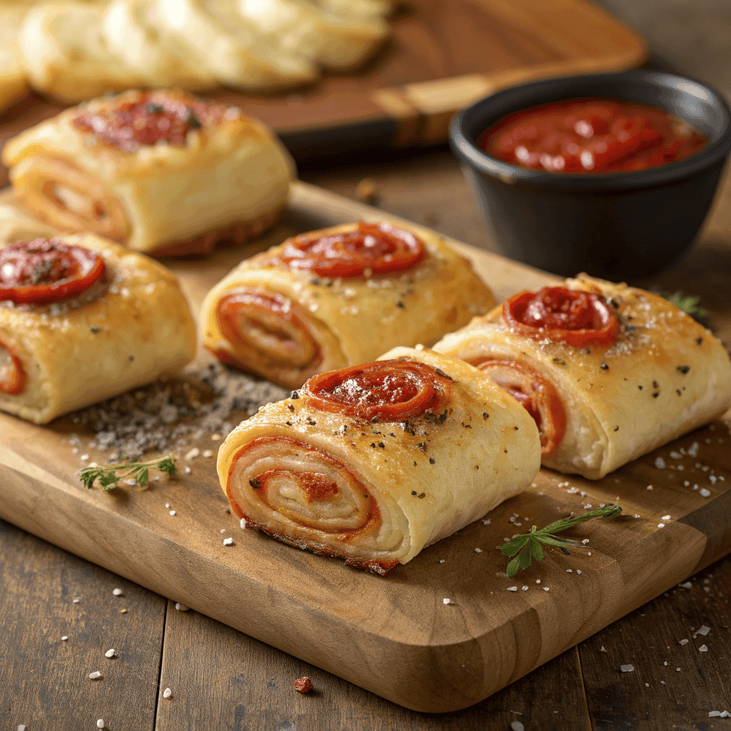 Full serving of crispy pepperoni pizza rolls with flaky pastry and marinara sauce.