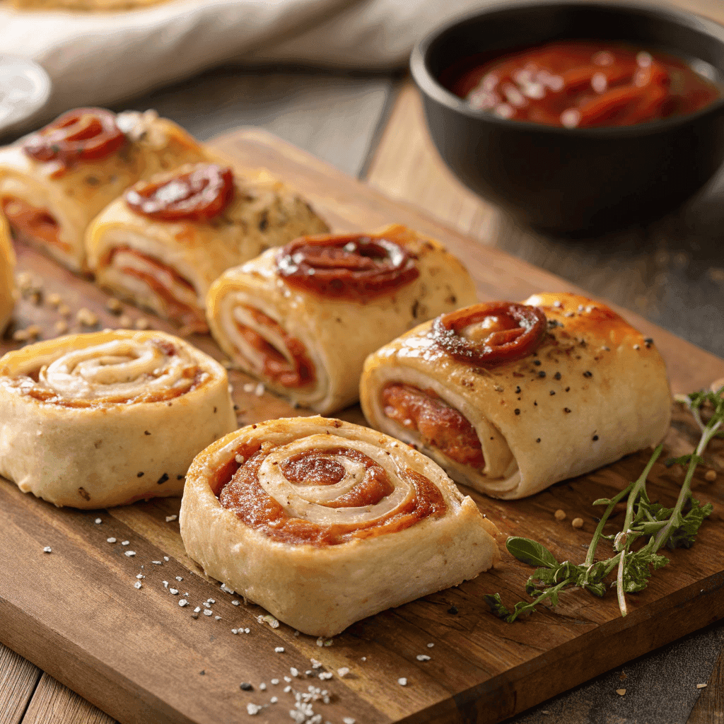 Crispy pepperoni pizza rolls with melted cheese and flaky pastry served on a wooden board with marinara sauce.