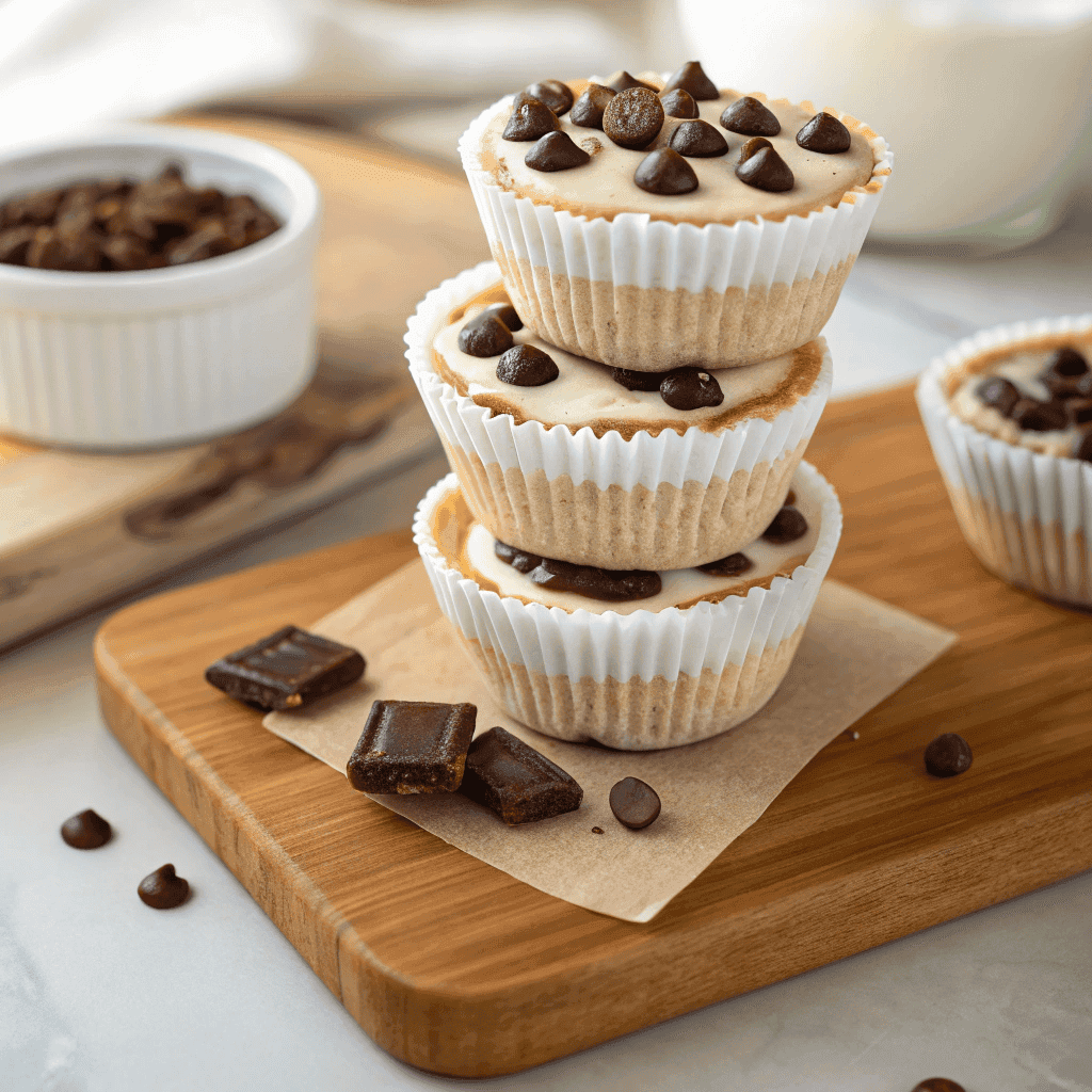 Multiple yogurt cookie dough cups with chocolate chips arranged on a wooden board.