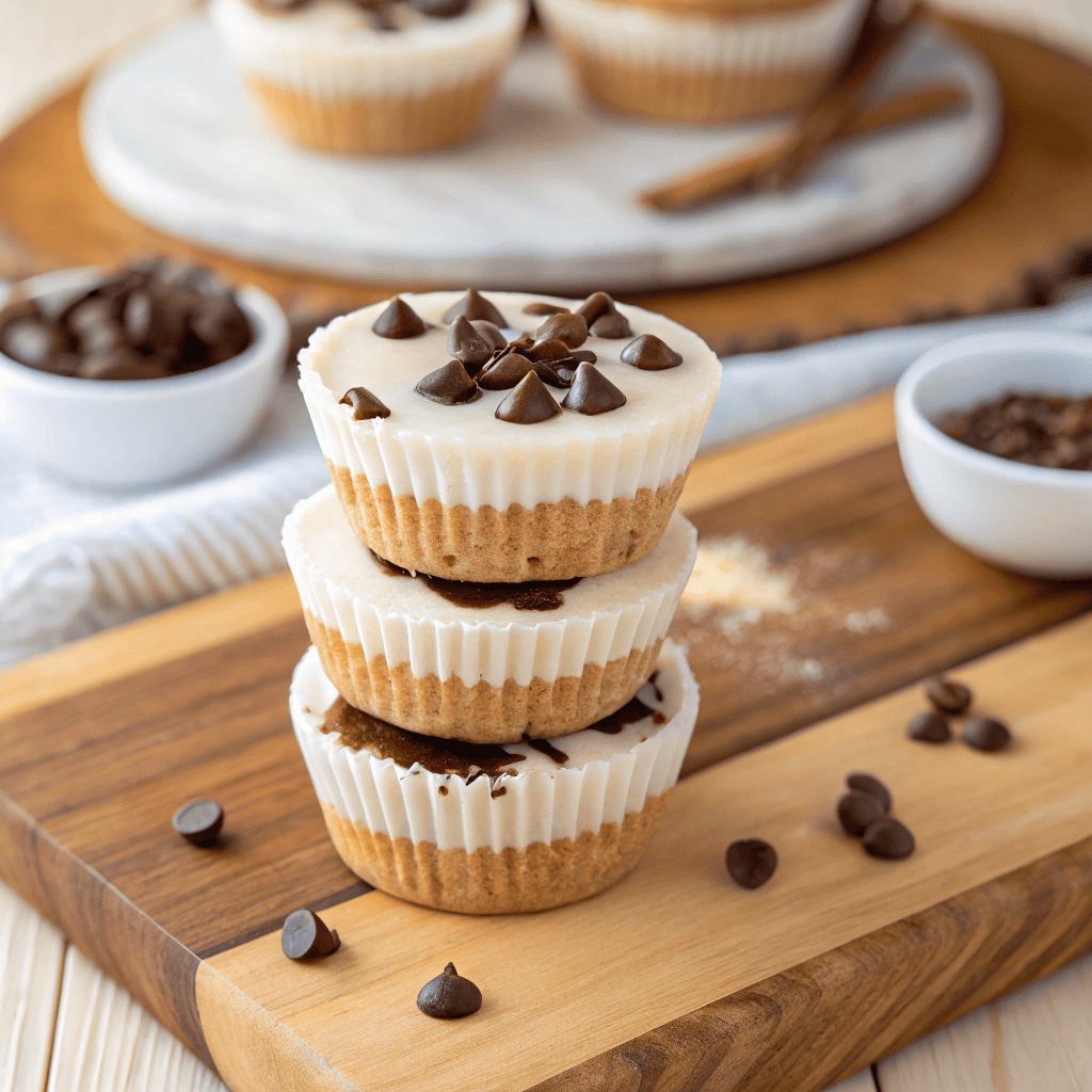 Stacked high protein yogurt cookie dough cups topped with chocolate chips and chocolate drizzle.