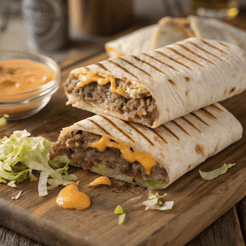 Close-up of homemade Big Mac wraps filled with ground beef, melted cheese, lettuce, and creamy sauce.