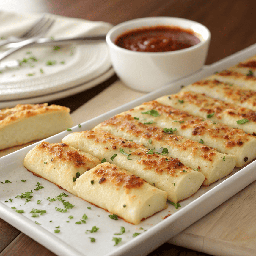 Macro close-up of a cheese stick showing golden melted cheese and soft crust.