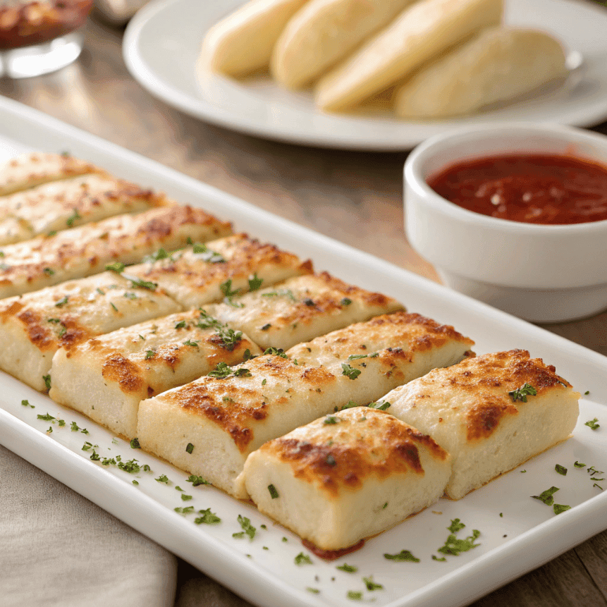 Golden baked cheese sticks with melted cheese served on a white platter with marinara sauce.