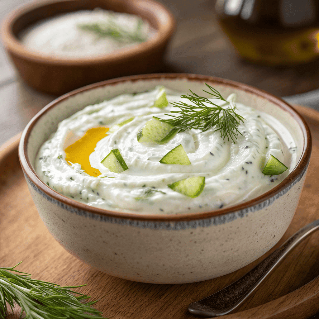 Close-up hero shot of creamy tzatziki sauce with cucumber and dill, garnished with fresh dill and olive oil in a rustic bowl.