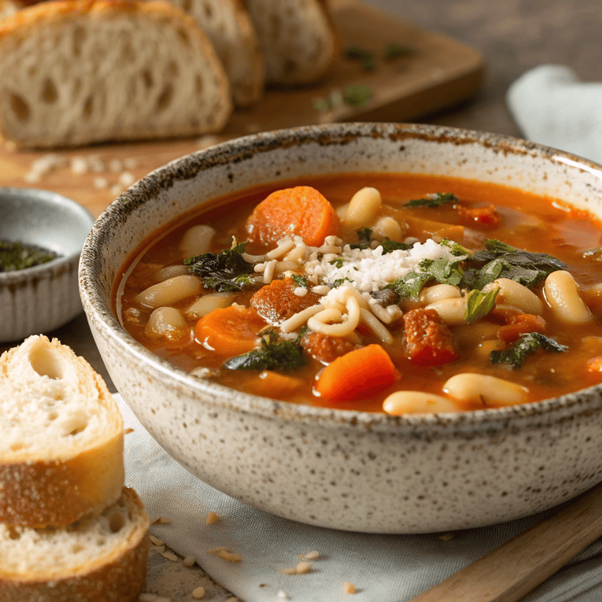 Hearty winter minestrone soup with vegetables, beans, pasta, and crusty bread in a rustic bowl.