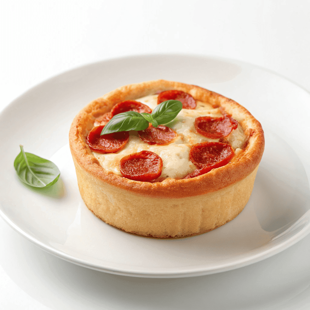 Mini crescent roll deep dish pizza with pepperoni and melted mozzarella on a clean white plate