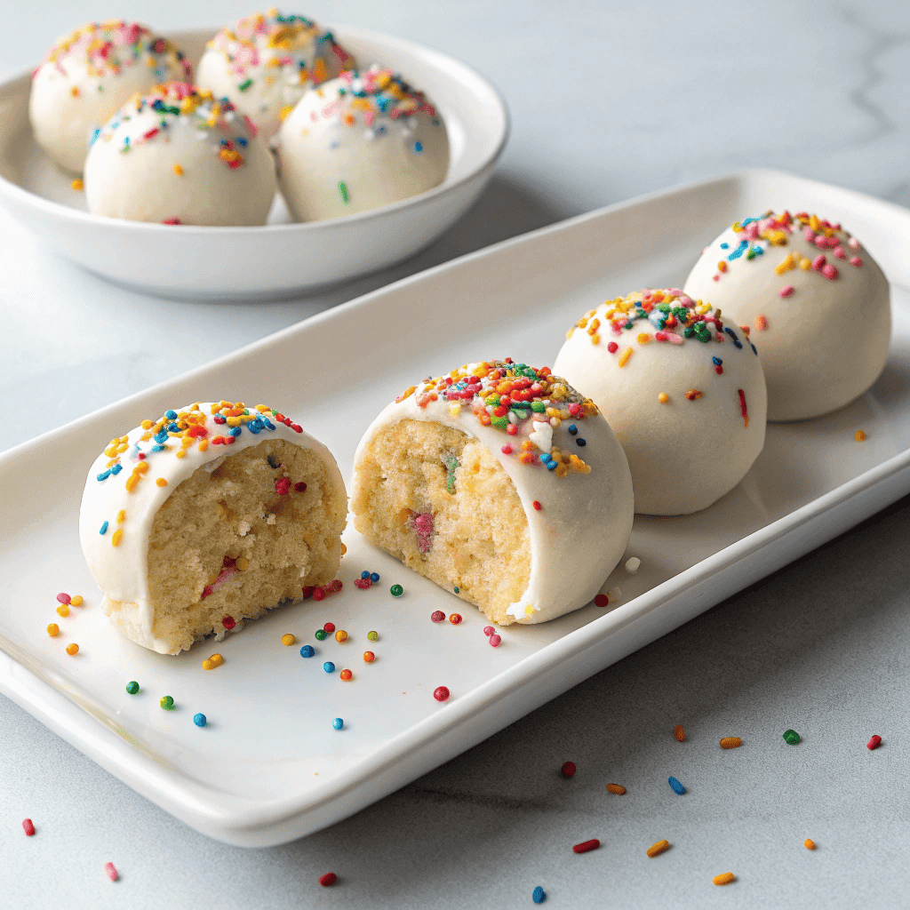 Protein birthday cake balls with glaze and sprinkles served on a white plate