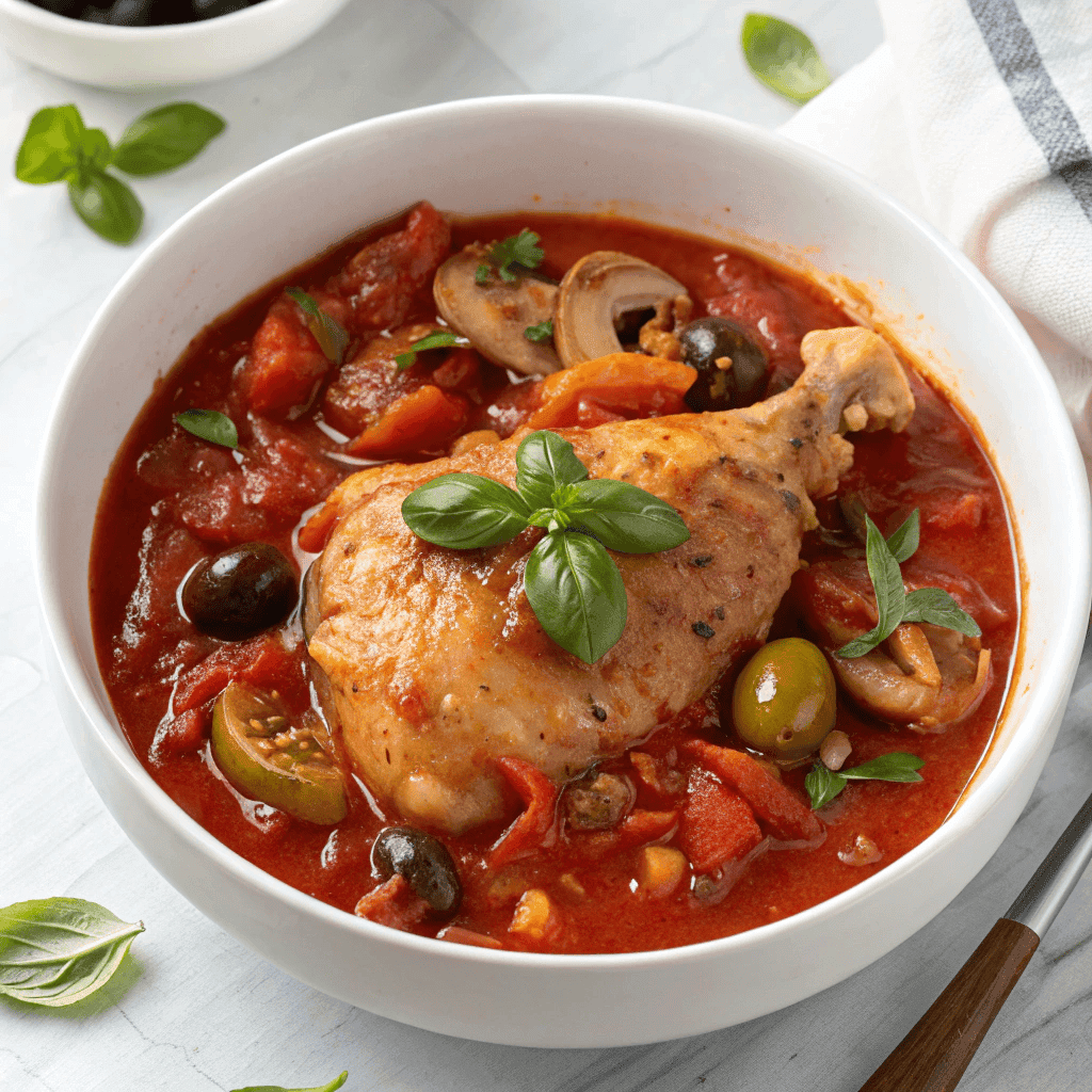 Chicken cacciatore served in a white bowl with tomato sauce and vegetables