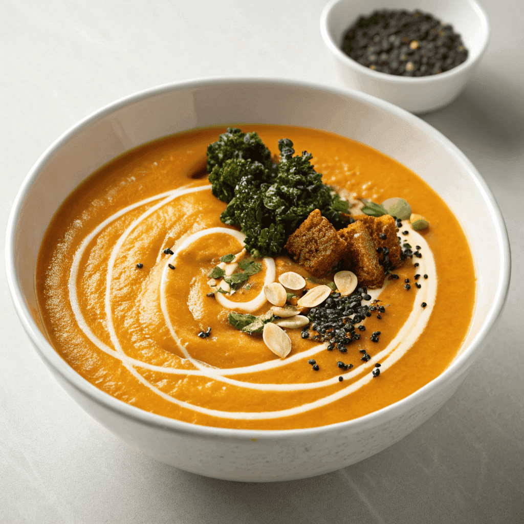 Orange creamy glowing skin soup served in a white bowl with kale and seeds