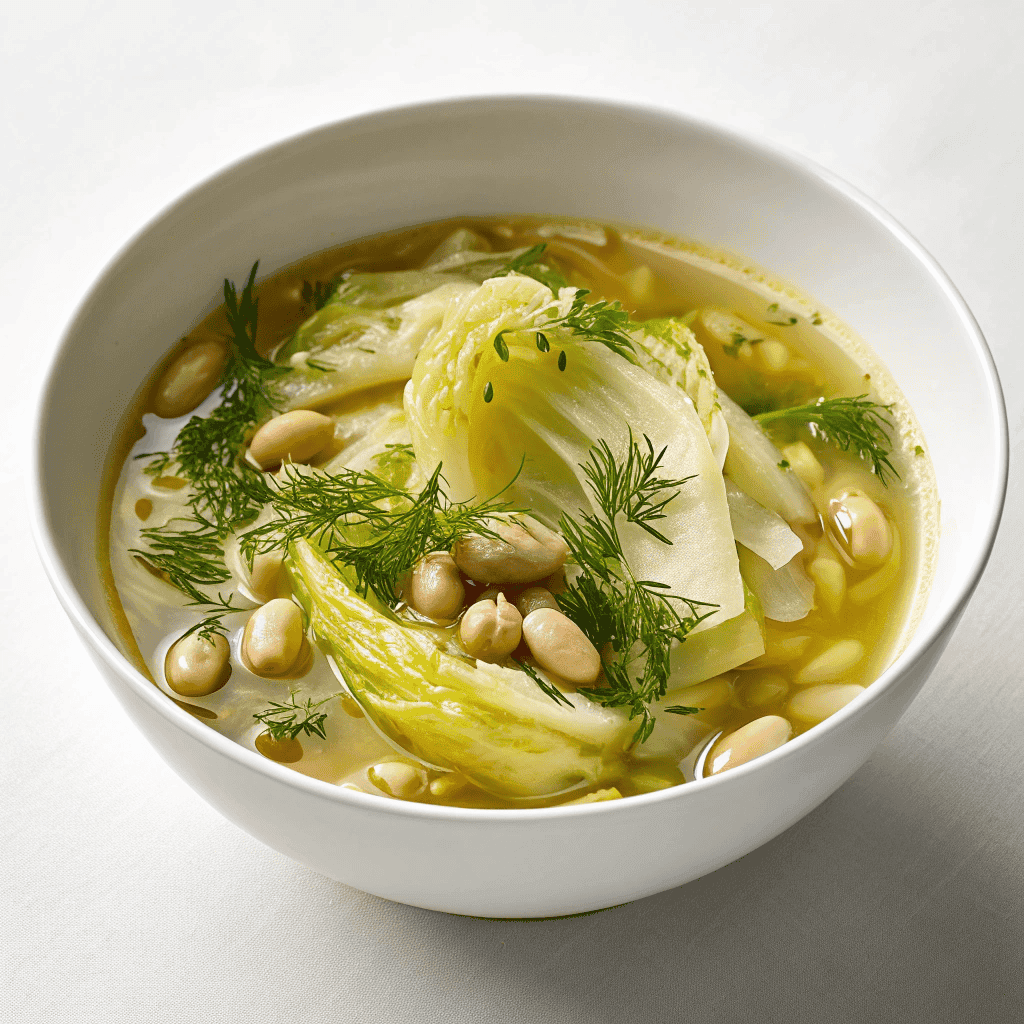Light lemon dill cabbage soup served in a white bowl with beans and fresh herbs