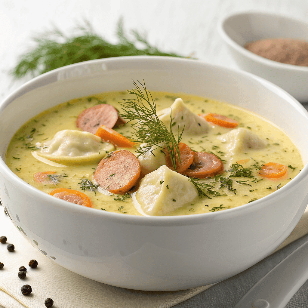 Pierogi dill soup served in a white bowl with creamy broth, sausage, and carrots