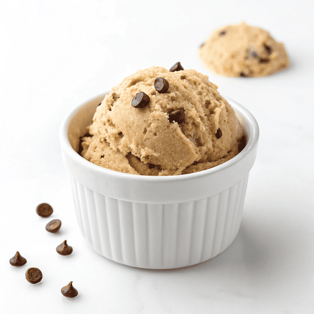 High-protein cookie dough with chocolate chips served in a white ceramic cup