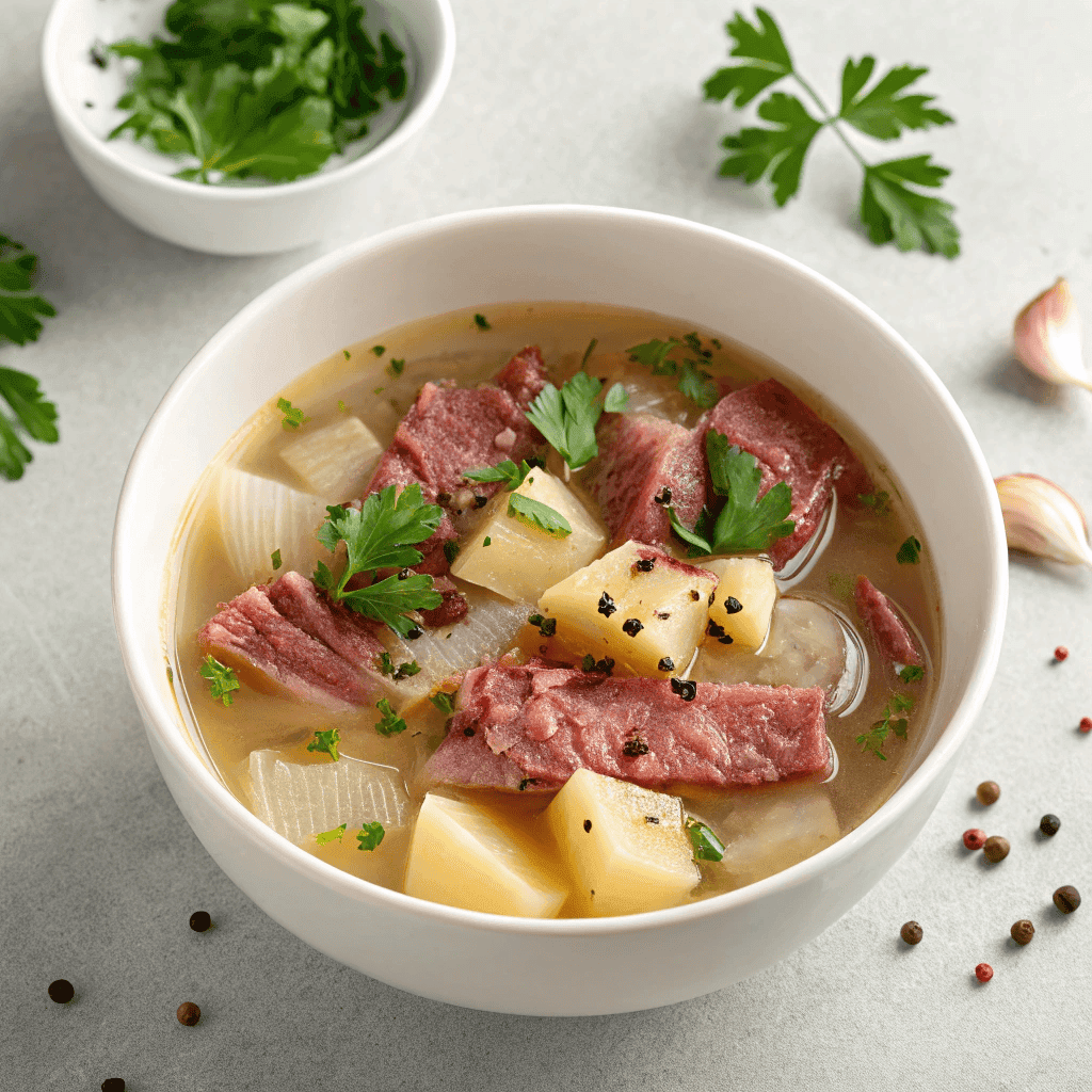 Reuben soup served in a white bowl with corned beef, potatoes, and onions