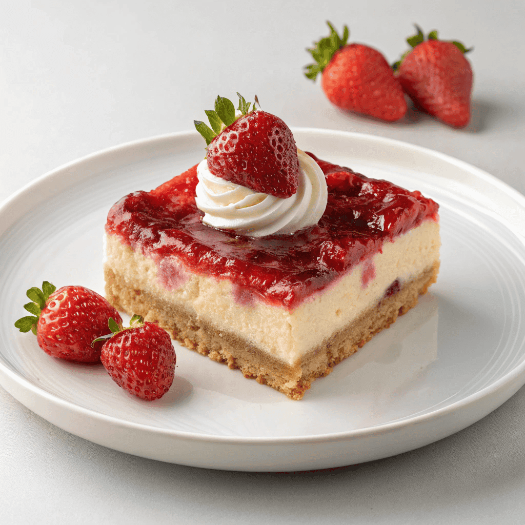 Strawberry cheesecake dump cake served on a white plate with whipped cream topping