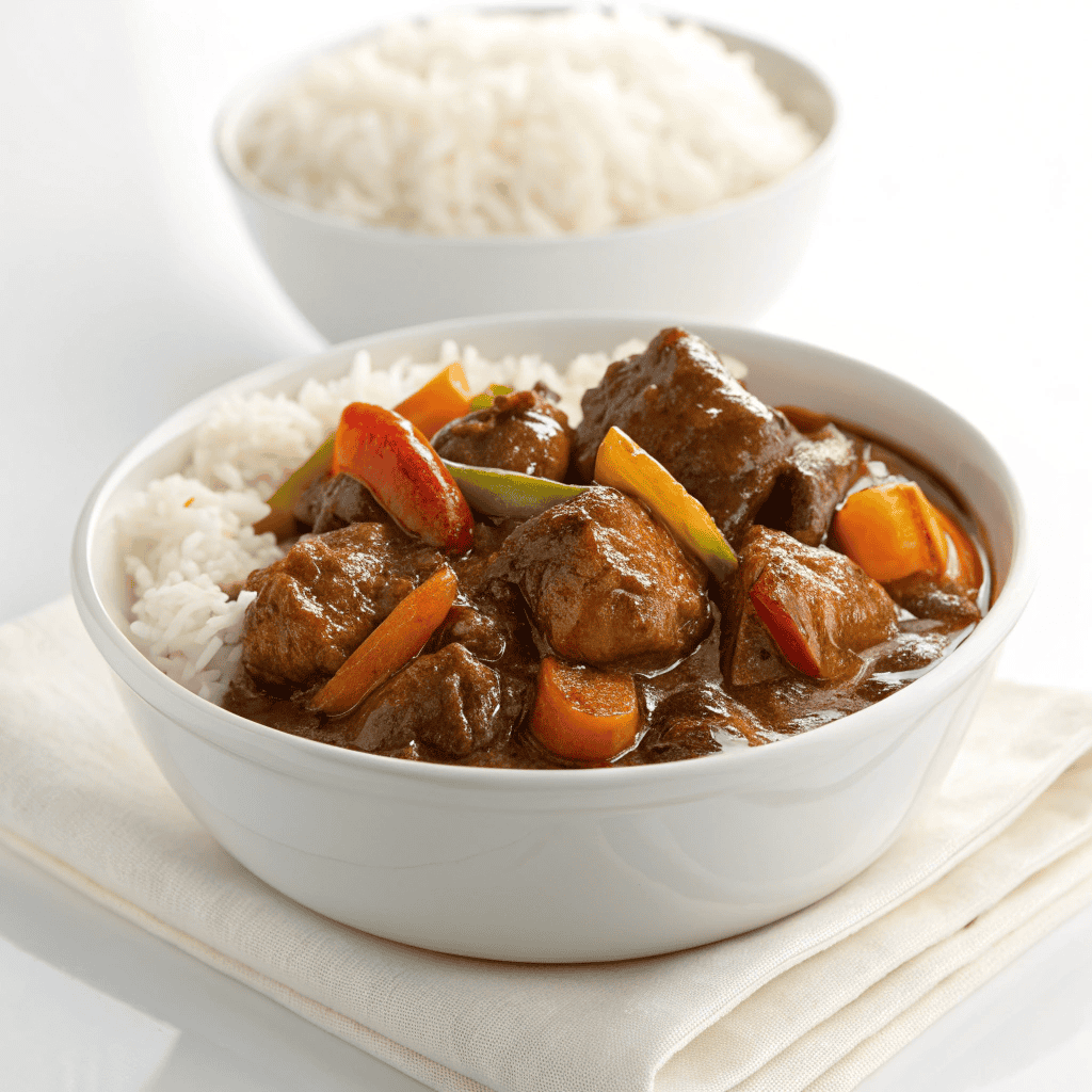 Jamaican Brown Stew Chicken (Rich, Smoky & Flavorful) 1 Brown stew chicken served in a white bowl with rich gravy, vegetables, and rice.