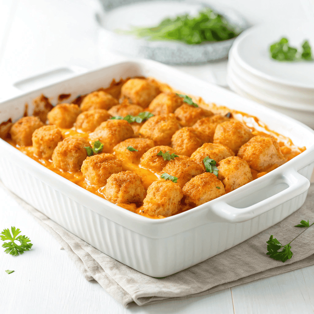 Buffalo chicken tater tot casserole in a white dish with creamy cheese and buffalo sauce.