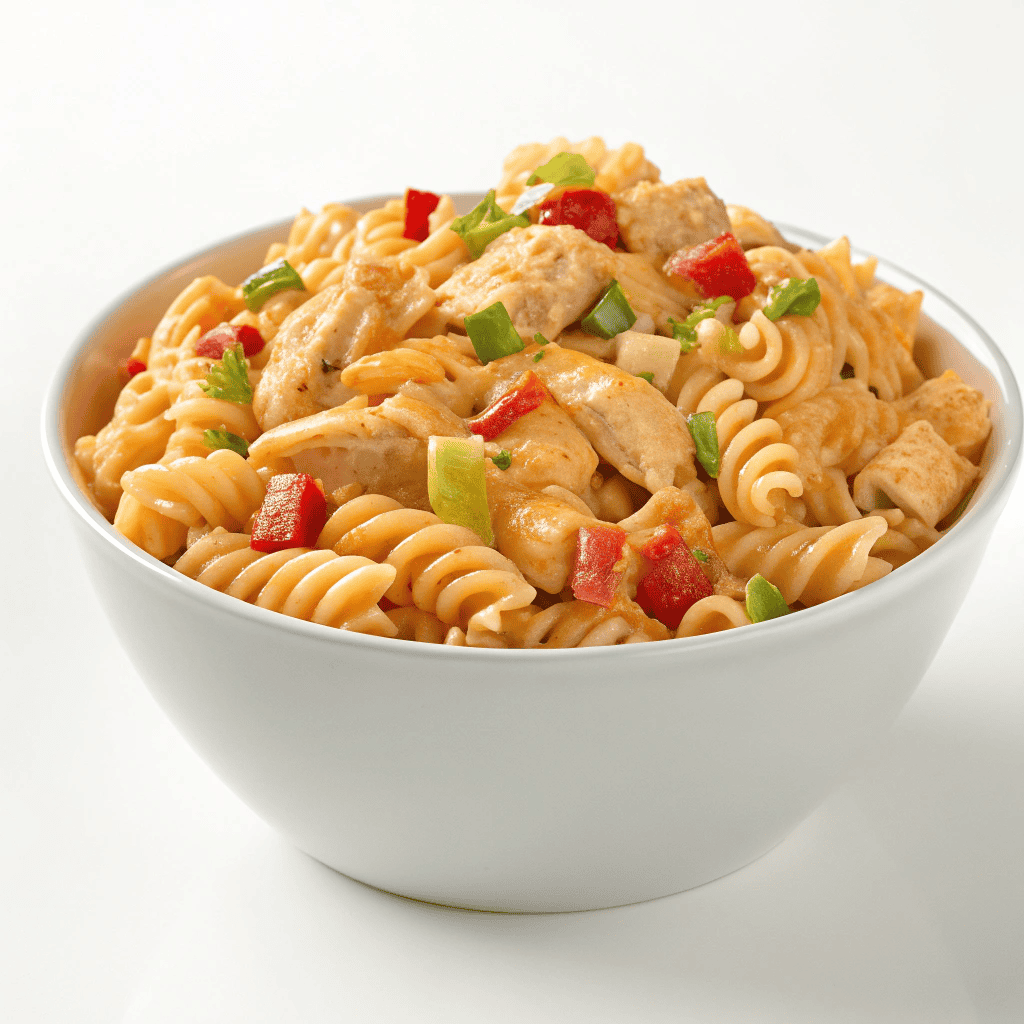 Full bowl of creamy buffalo chicken pasta salad with rotini, chicken, celery, and peppers.