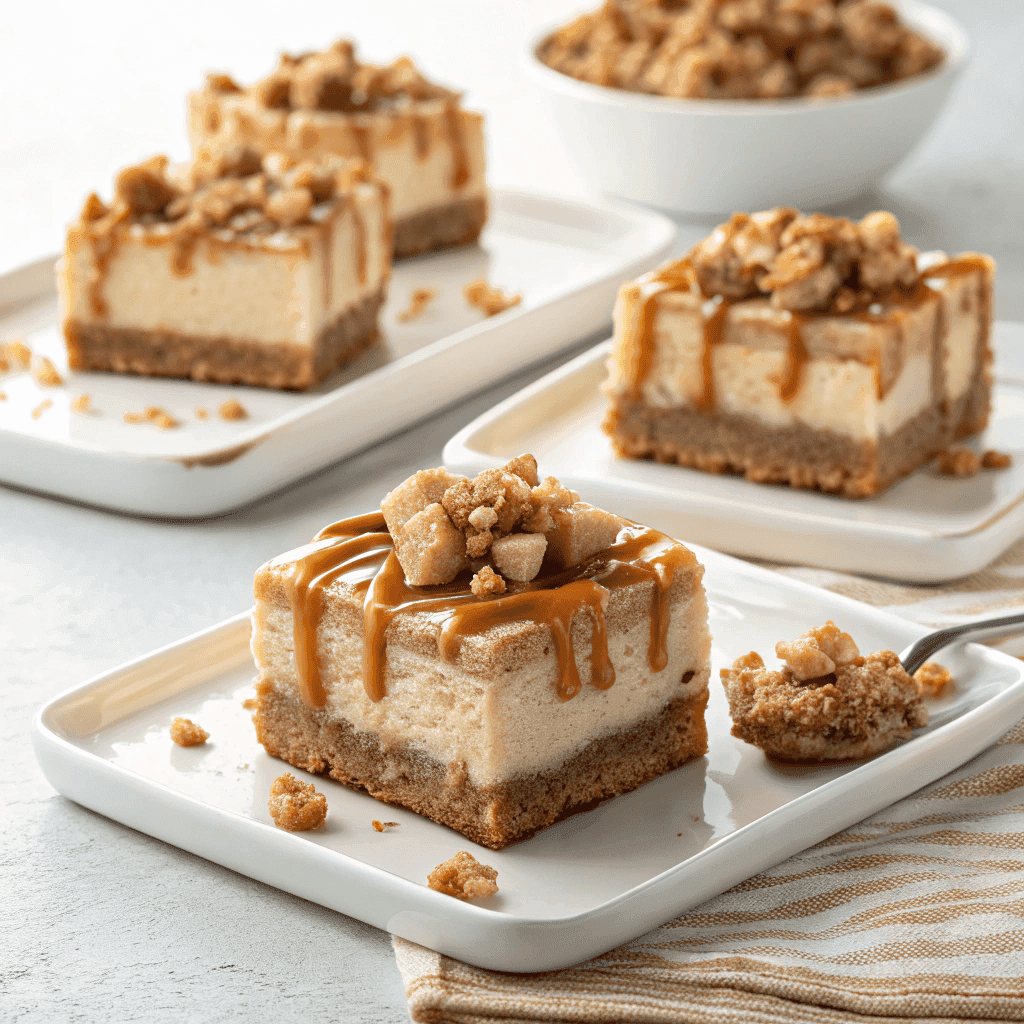 Minimal white plate presentation of caramel apple cheesecake bars with smooth cheesecake and caramel topping.