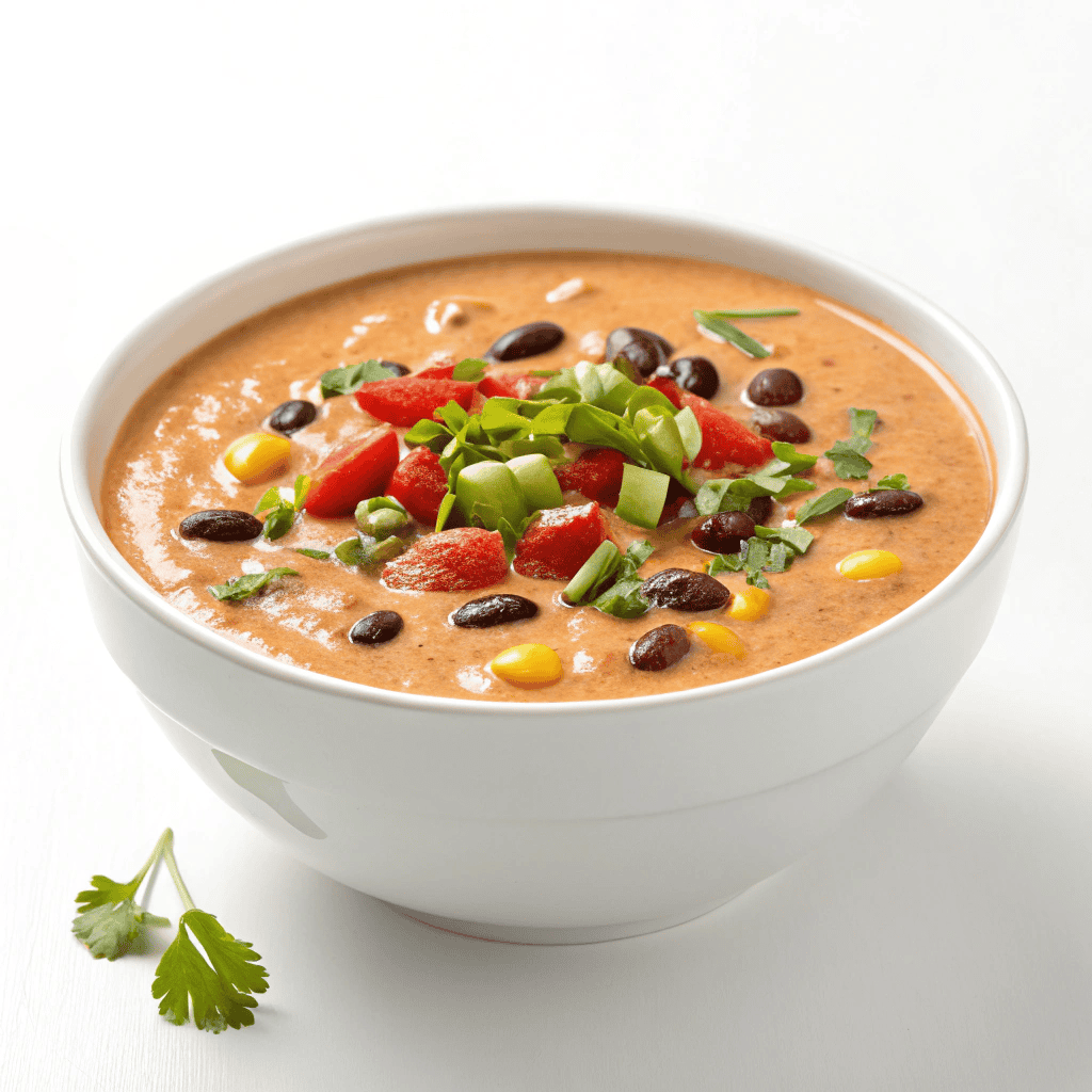 Creamy Taco Soup | Cheesy Southwest Comfort Bowl 2 Creamy taco soup served in a white bowl with corn, black beans, peppers, and herbs.