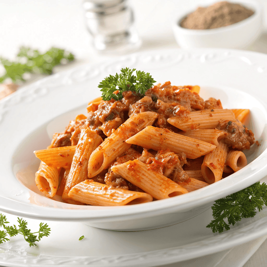 Creamy beef penne pasta served on a white plate with thick tomato cream sauce and ground beef.
